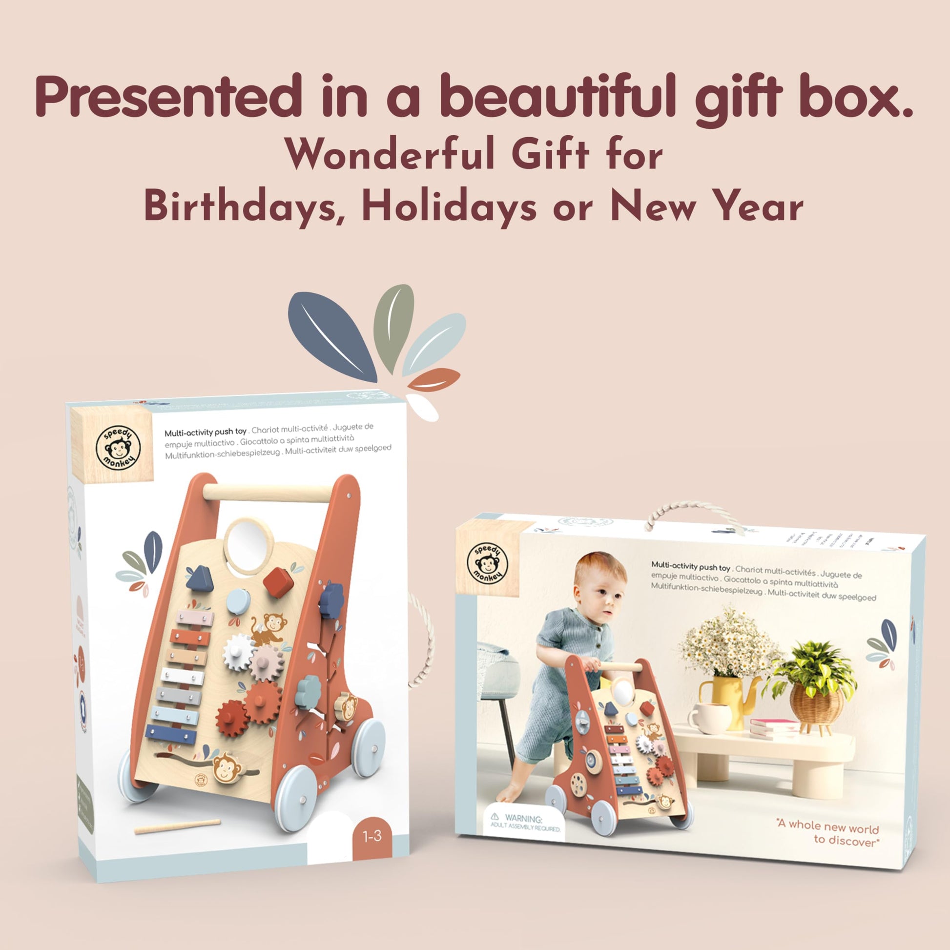 Speedy Monkey wooden baby walker with nine activity toys, quiet non-slip rubber wheels, FSC-certified wood for 6-month-old boys and 1-year-olds.