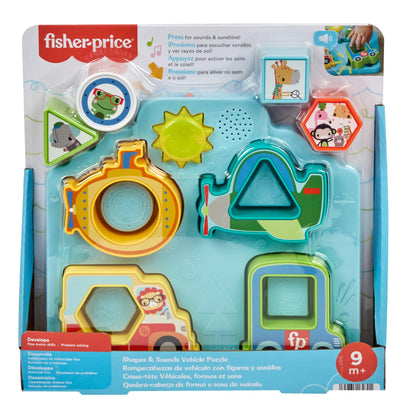 Fisher-Price baby sorting toy with colorful vehicle shapes, lights, and sounds for fine motor skill play for children 9 months and older.