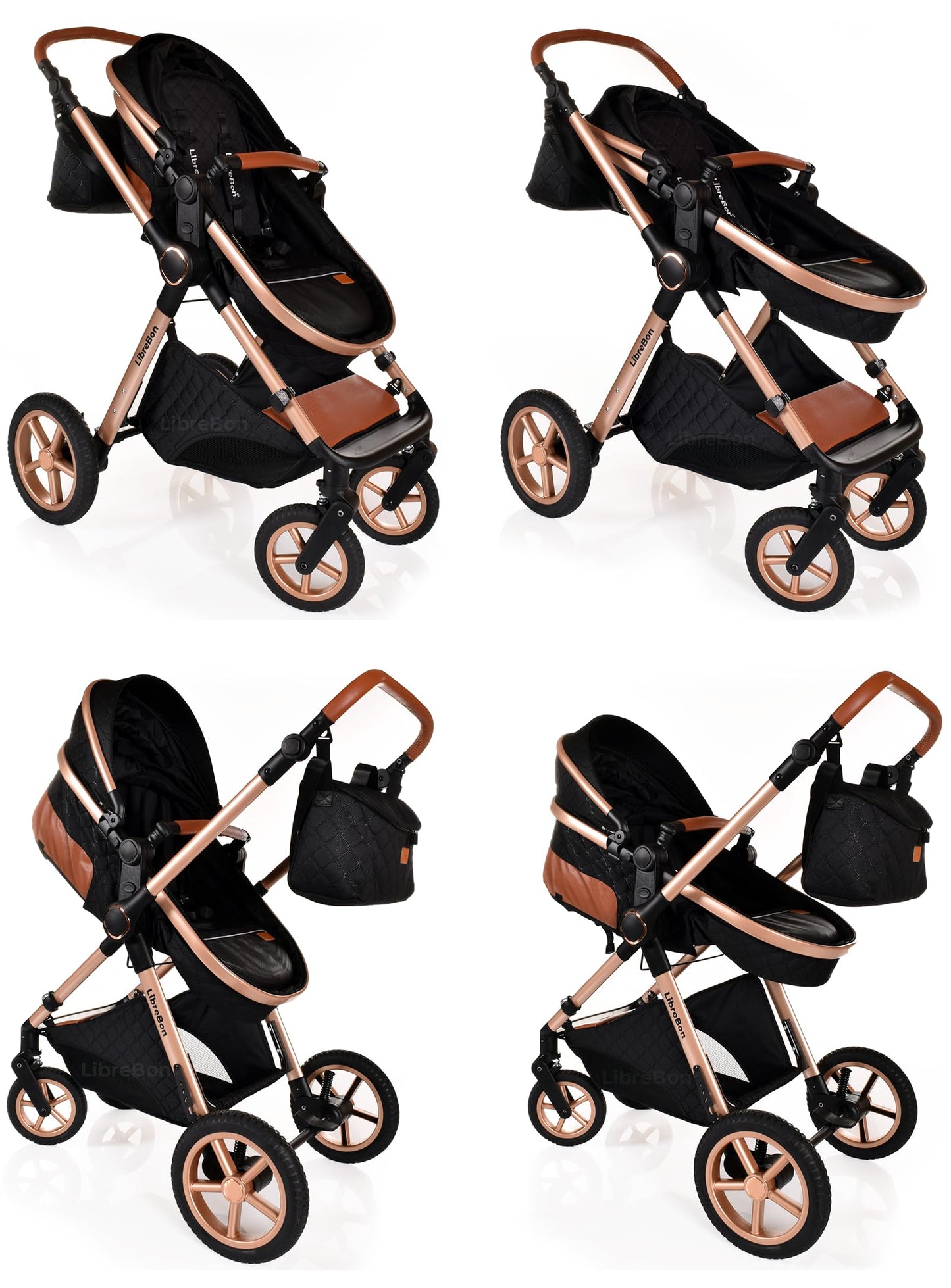 Boneelook 3-in-1 baby buggy pram stroller with lightweight aluminum frame, black and rose gold design, suitable for newborns and toddlers.