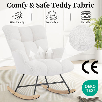 Aunekiv Rocking Chair for Nursery, Teddy Upholstered Glider Nursing Chair for Adults, Comfy Rocking Armchair Indoor for Living Room Bedroom, White
