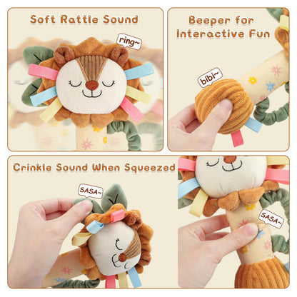 TYRY.HU Baby Rattle Toy,Plush Lion Sensory Shaker with Bells, Crinkle & Squeaker,Soft Sensory Toy with Sound for Newborn Infant Toddler Girls Boys 0-12 Months