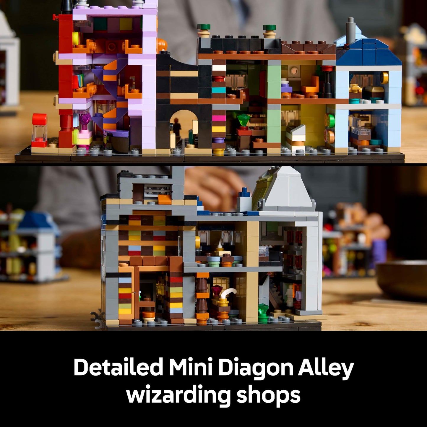 LEGO Harry Potter Diagon Alley set featuring microscale shops and 12 microfigures for a detailed collectible display.