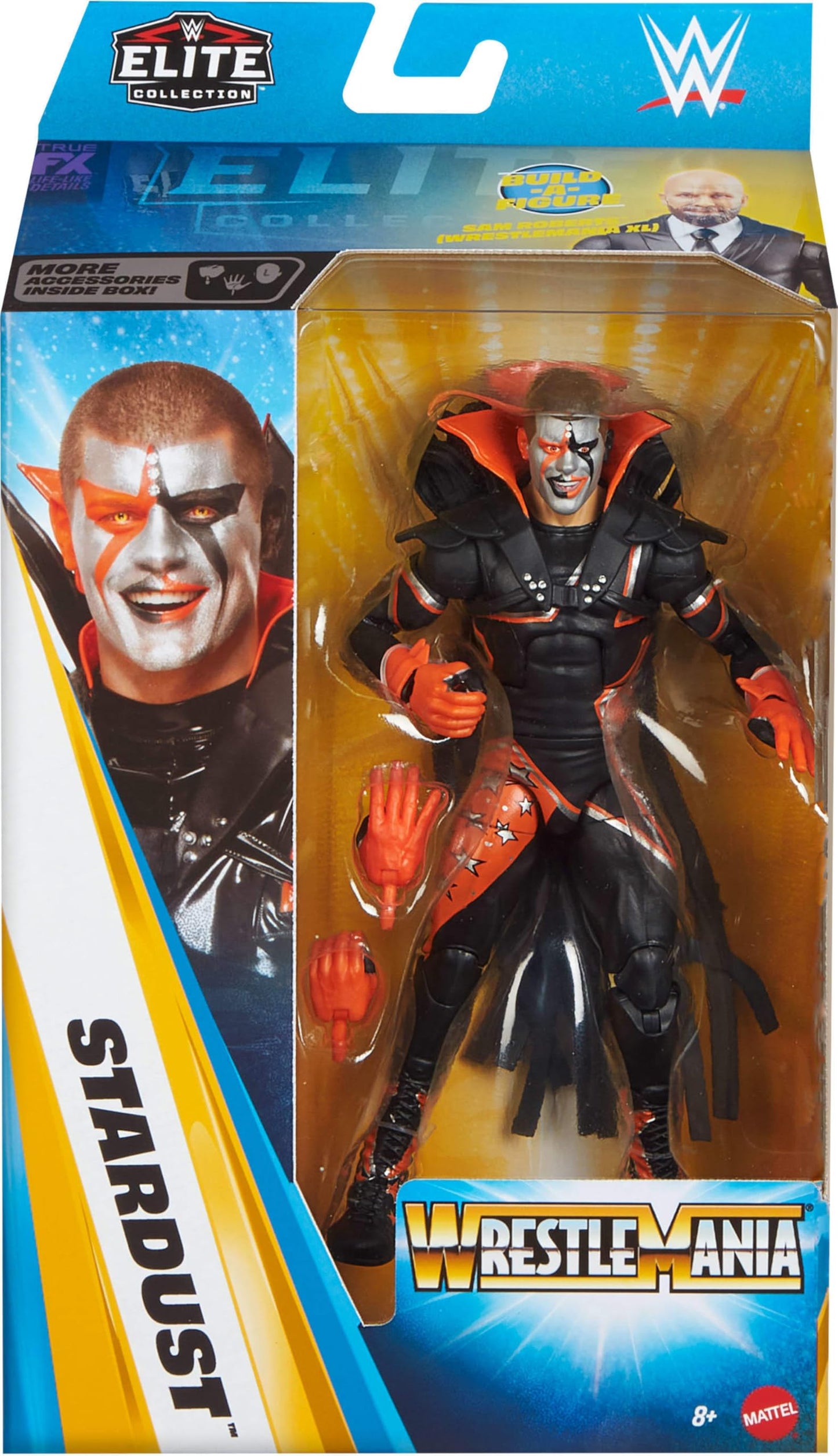 Mattel WWE Elite Collection Action Figure & Accessories, Premium Live Event Stardust Set, WrestleMania with Sam Roberts Build-A-Figure Parts, JHX76