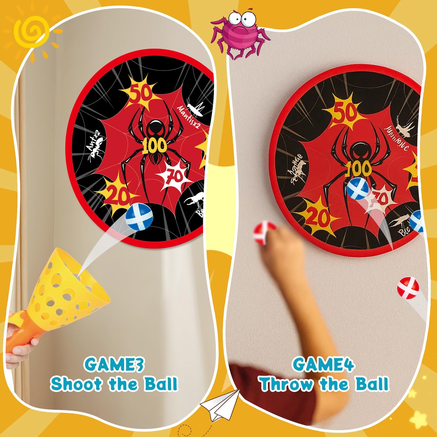 JOY SPOT! Spider Web Target Pop Pass Catch Ball Game - Outdoor Toys for Kids with 4 Launchers, 12 Sticky Balls & Mesh Bag, Fun Indoor Outdoor Toss & Catch Toy Gifts for Boys Girls Ages 3 4 5 6 7 8+
