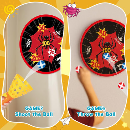 JOY SPOT! Spider Web Target Pop Pass Catch Ball Game - Outdoor Toys for Kids with 4 Launchers, 12 Sticky Balls & Mesh Bag, Fun Indoor Outdoor Toss & Catch Toy Gifts for Boys Girls Ages 3 4 5 6 7 8+