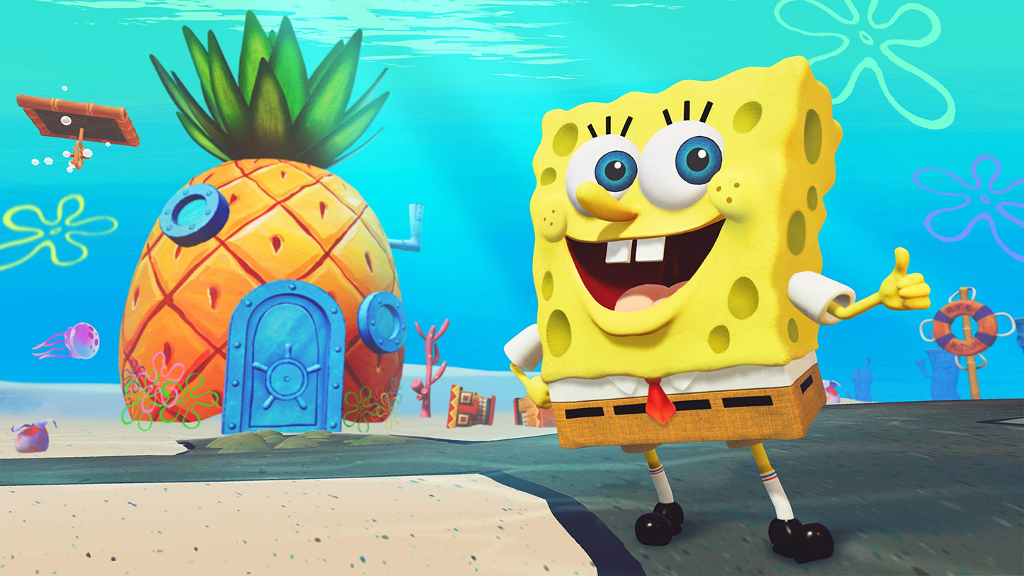 Nintendo Switch game case for SpongeBob SquarePants: Battle For Bikini Bottom - Rehydrated by THQ Nordic, featuring SpongeBob and friends.