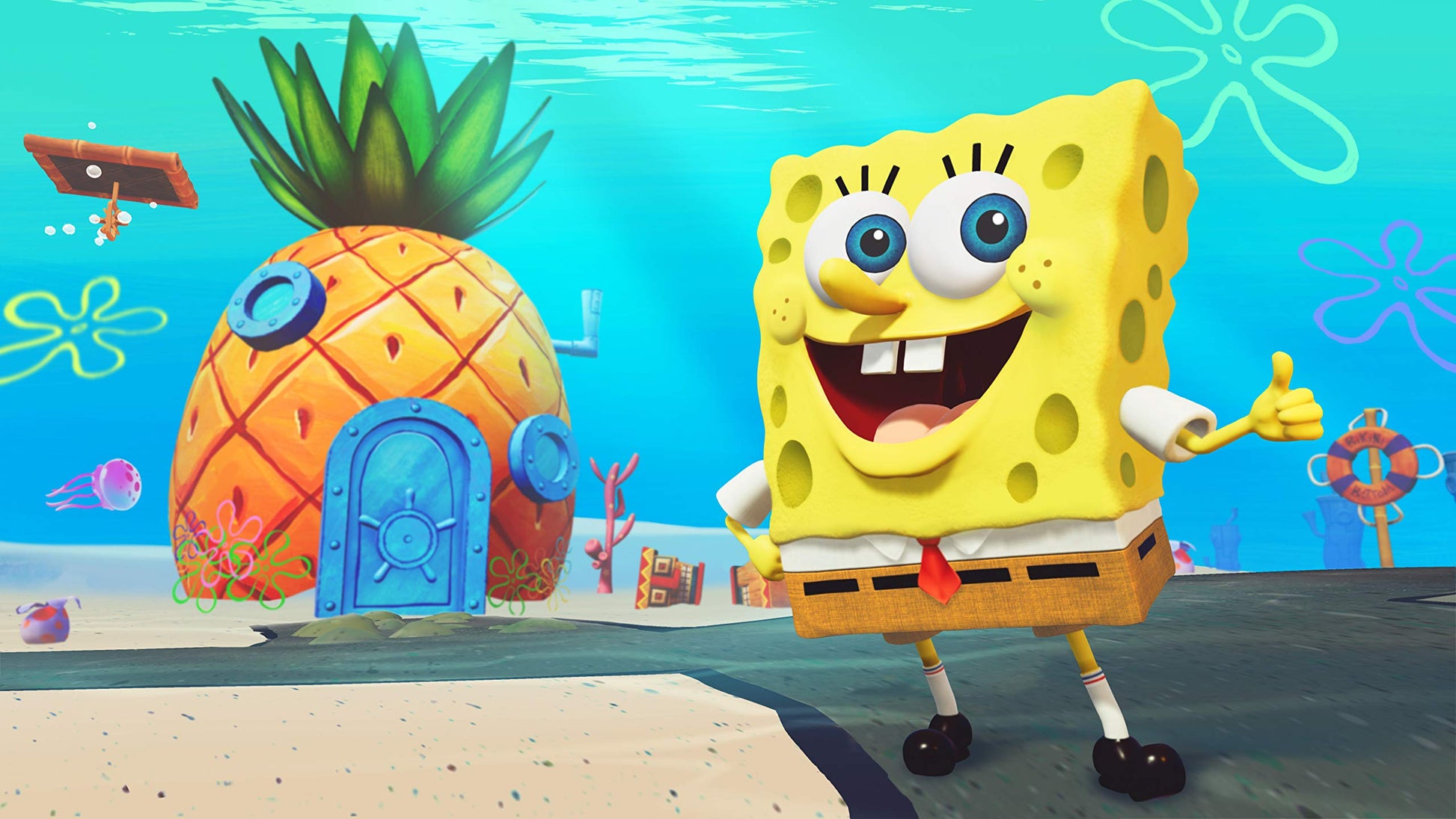 Nintendo Switch game case for SpongeBob SquarePants: Battle For Bikini Bottom - Rehydrated by THQ Nordic, featuring SpongeBob and friends.