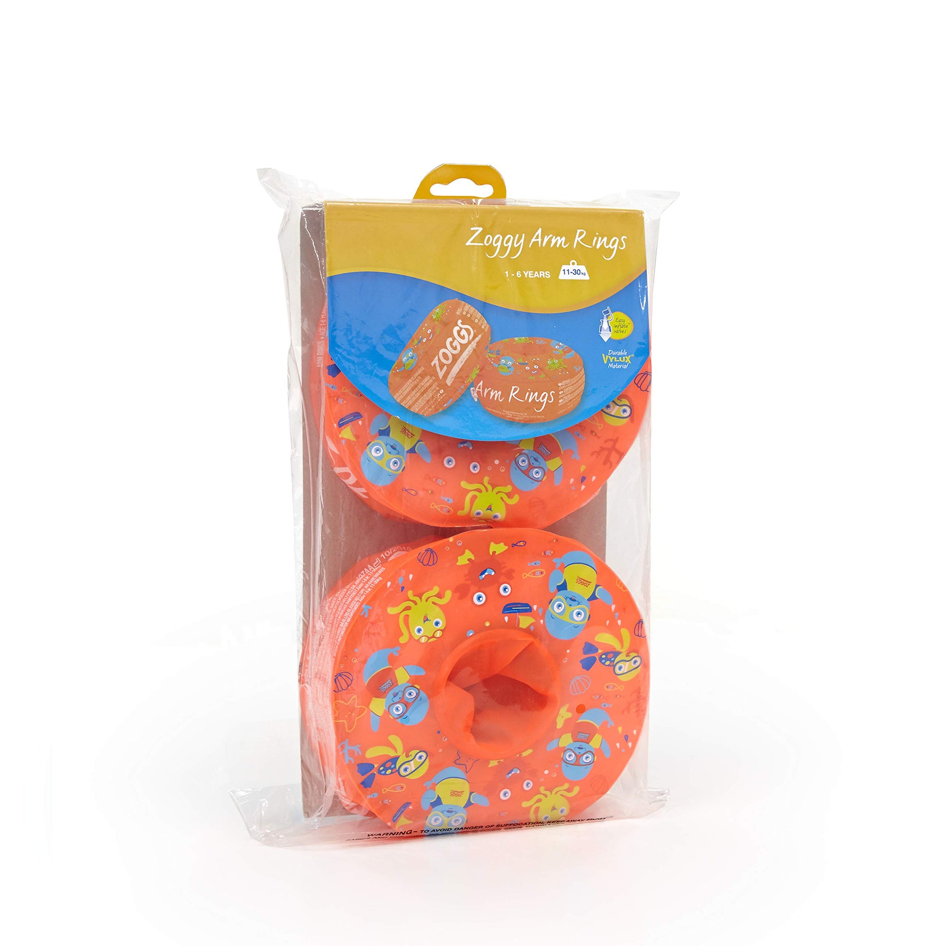 Zoggs orange and multi-colored arm rings for kids, designed for ages 1-6 years, featuring dual buoyancy for swimming.