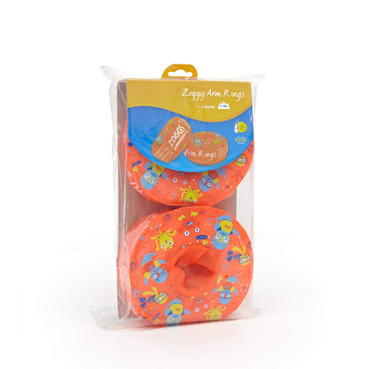Zoggs orange and multi-colored arm rings for kids, designed for ages 1-6 years, featuring dual buoyancy for swimming.