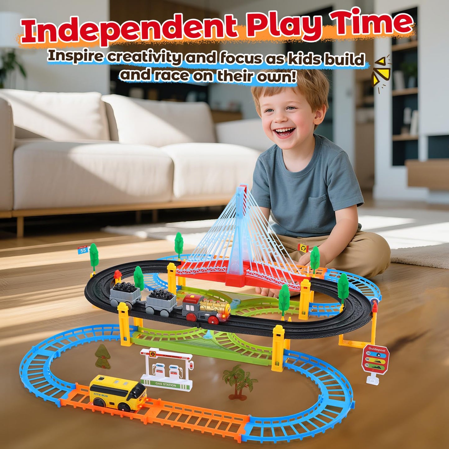 EagleStone electric train and bus set with double-layer tracks, lights-up bridge, signs, and accessories for kids ages 3-8.