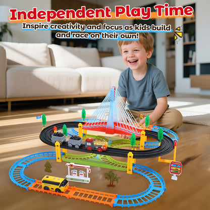 EagleStone electric train and bus set with double-layer tracks, lights-up bridge, signs, and accessories for kids ages 3-8.