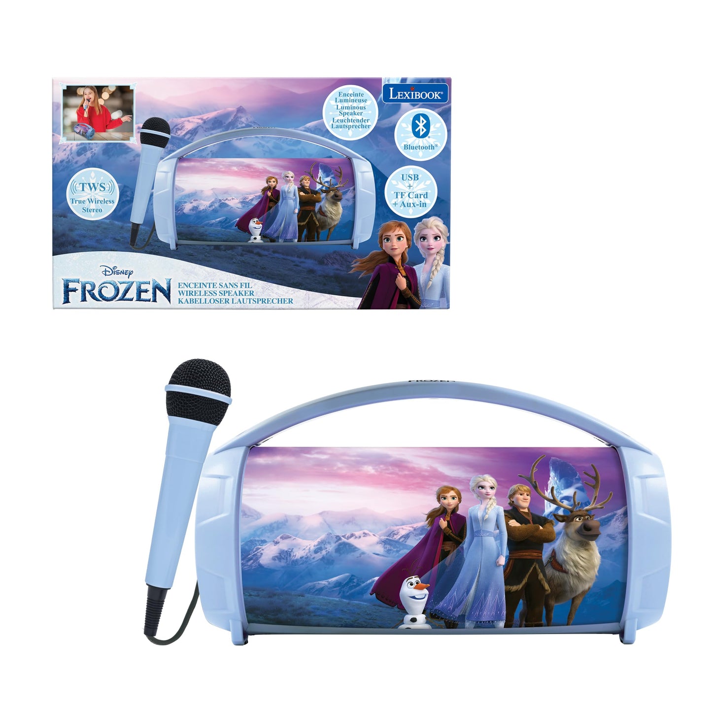 Lexibook Frozen wireless light speaker with microphone, stereo sound, karaoke, USB/SD ports, rechargeable battery, blue and purple colors.