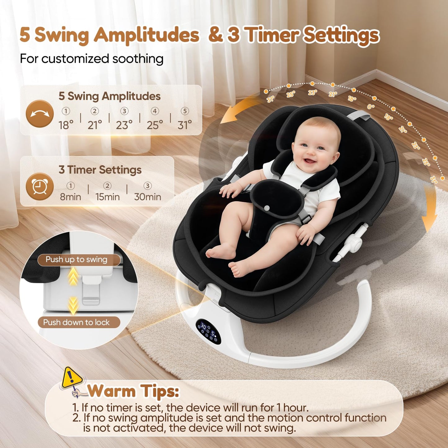 Helangel baby swing for infants and toddlers with 5-speed settings, 3-seat positions, Bluetooth music, and indoor/outdoor use.