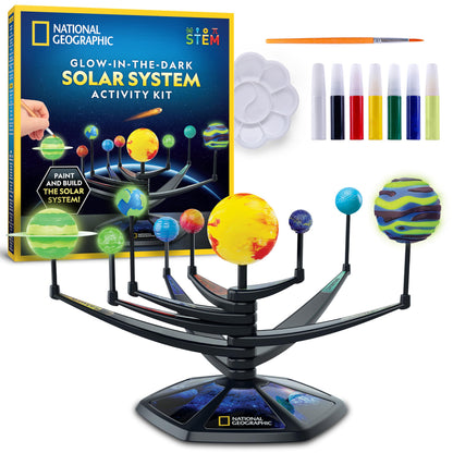 Blue Marble National Geographic glow-in-the-dark solar system model kit for kids, 3D planets with movable arms for STEM learning.
