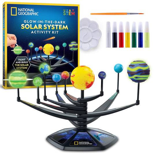 Blue Marble National Geographic glow-in-the-dark solar system model kit for kids, 3D planets with movable arms for STEM learning.