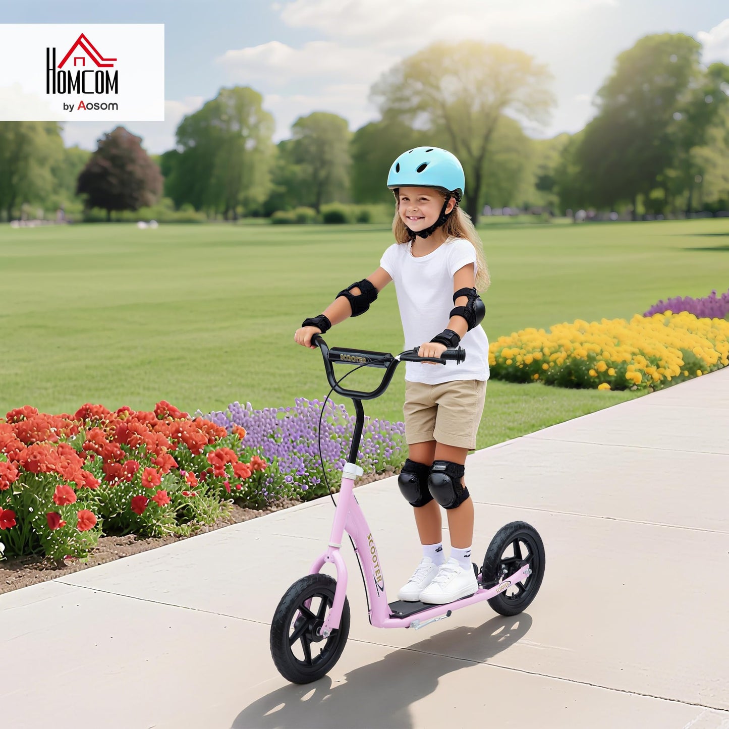 HOMCOM Kids Scooter, Toddler Kick Scooter with Adjustable Handlebar, 12" EVA Tyres, Rear Brake, for Age 5-12 Years, Pink