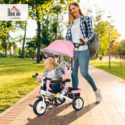 HOMCOM 6 in 1 Trike, Kids Tricycle, Pedal Push Bike w/Parent Handle, Removable Canopy, 5-Point Safety Belt, Storage, Footrest, Brake, for 1-5 Years Toddler, Pink