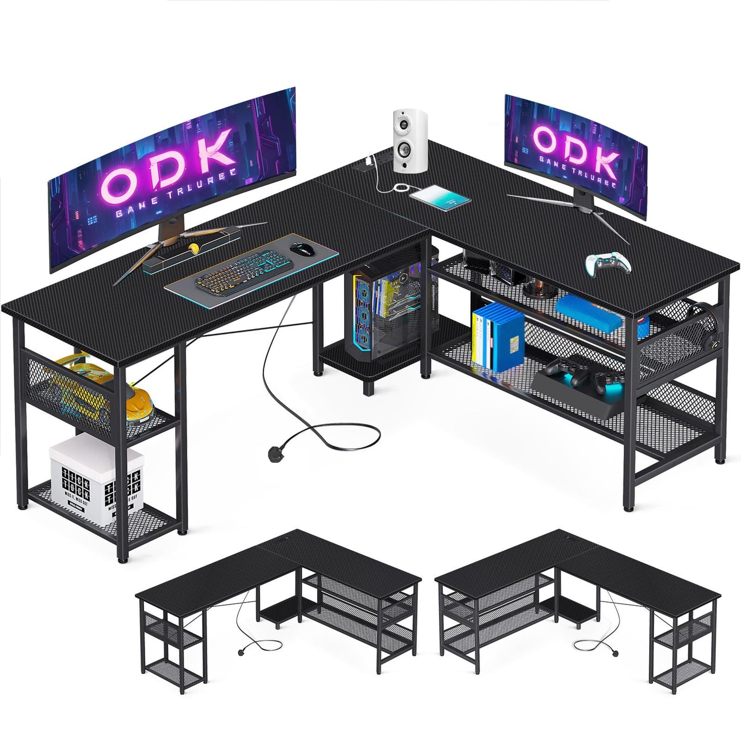ODK L Shaped Gaming Desk, 168 X 120 cm Reversible Computer Desk with 2 Sockets and 2 USB Charging Ports, Corner Desks with Storage, Gaming Table Carbon Fiber Black