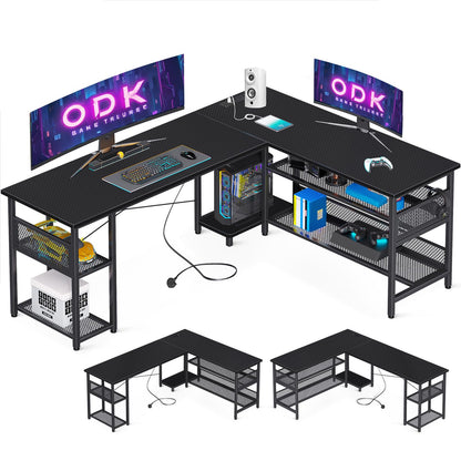 ODK L Shaped Gaming Desk, 168 X 120 cm Reversible Computer Desk with 2 Sockets and 2 USB Charging Ports, Corner Desks with Storage, Gaming Table Carbon Fiber Black