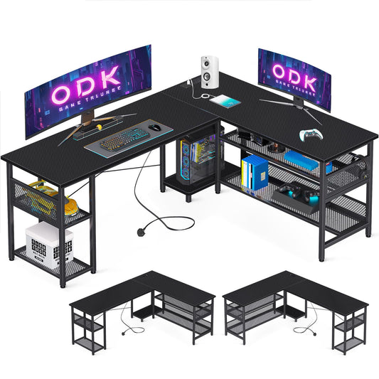 ODK L Shaped Gaming Desk, 168 X 120 cm Reversible Computer Desk with 2 Sockets and 2 USB Charging Ports, Corner Desks with Storage, Gaming Table Carbon Fiber Black