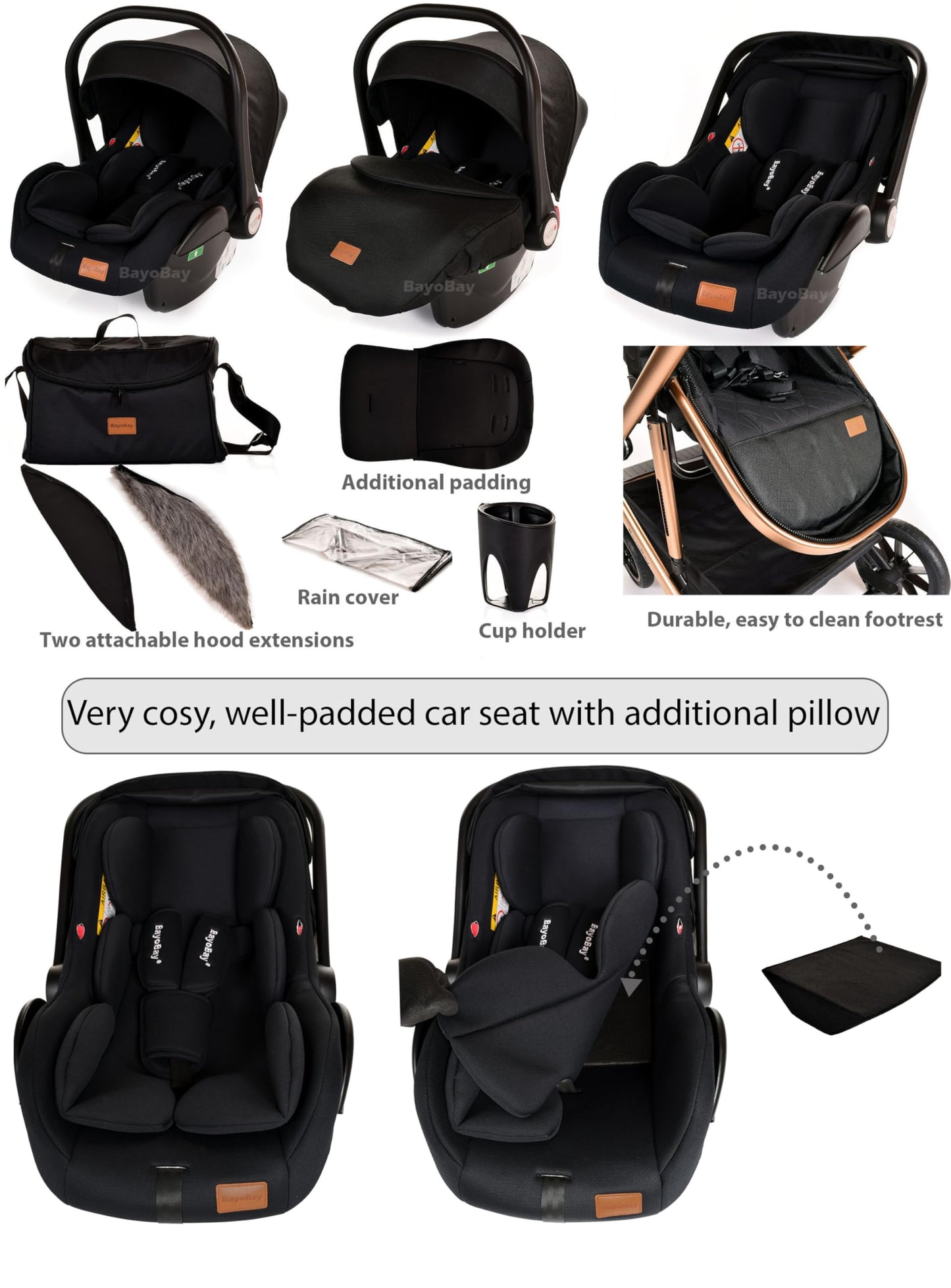 3 in 1 Baby Pram Travel System with Car Seat Lightweight Buggy Foldable Pushchair for Newborn and Toddlers up to 22kg New 2025 Style (Black - Silver)