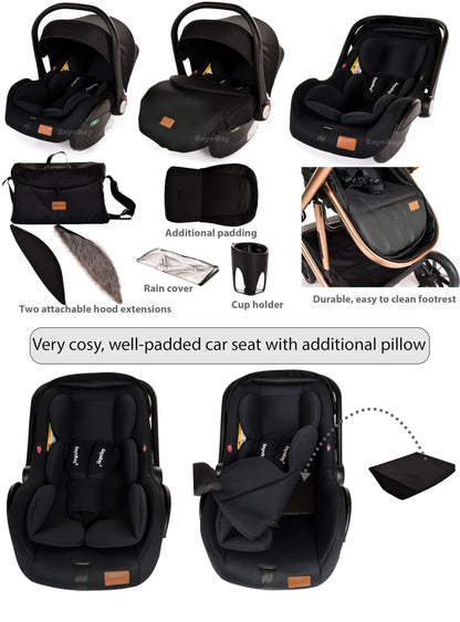 3 in 1 Baby Pram Travel System with Car Seat Lightweight Buggy Foldable Pushchair for Newborn and Toddlers up to 22kg New 2025 Style (Black - Silver)