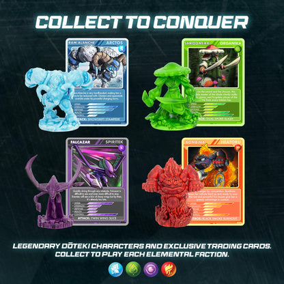 Doteki TOMY multiplayer battle pack with green and blue figures, featuring customizable arena game for ages 8+ and multiple pack compatibility.