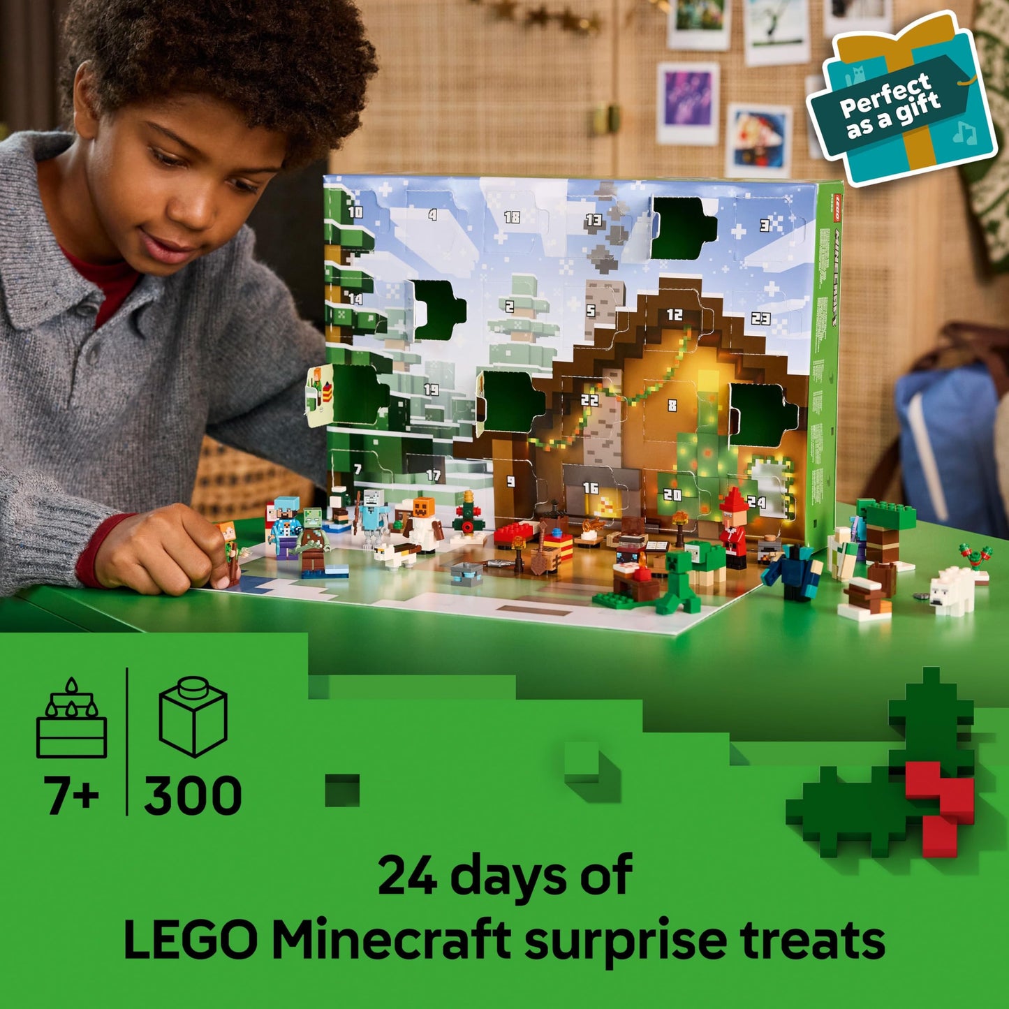 LEGO Minecraft Advent Calendar 2025 featuring 24 surprises, including minifigures and mini builds for kids aged 7+.