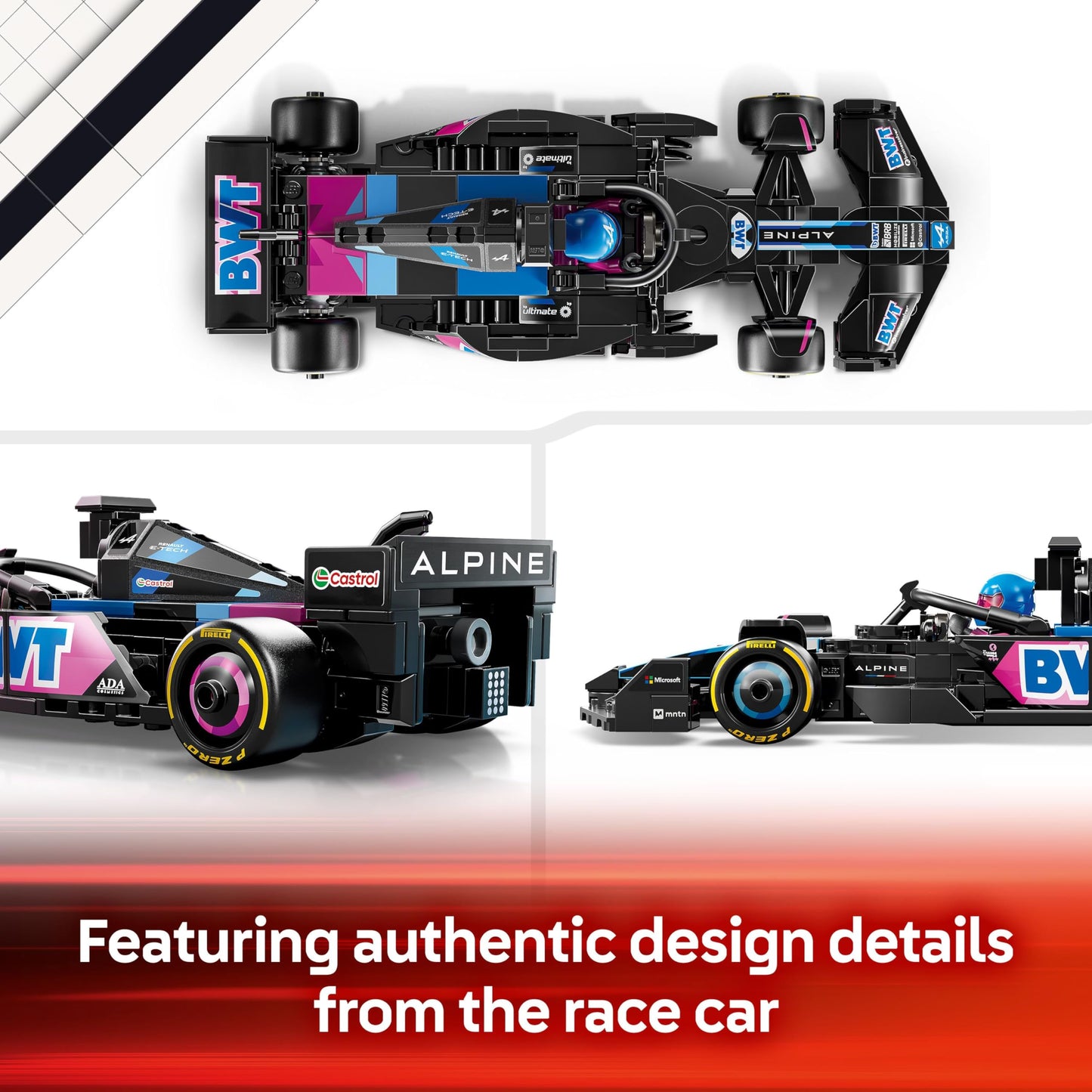 LEGO Speed Champions BWT Alpine F1 Team A524 race car toy with collectible Formula 1 driver minifigure on display.