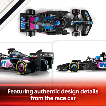 LEGO Speed Champions BWT Alpine F1 Team A524 race car toy with collectible Formula 1 driver minifigure on display.