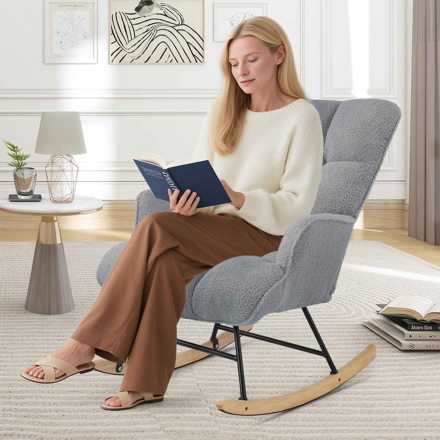 Aunekiv Rocking Chair for Nursery, Teddy Upholstered Glider Nursing Chair for Adults, Comfy Rocking Armchair Indoor for Living Room Bedroom, Darkgrey