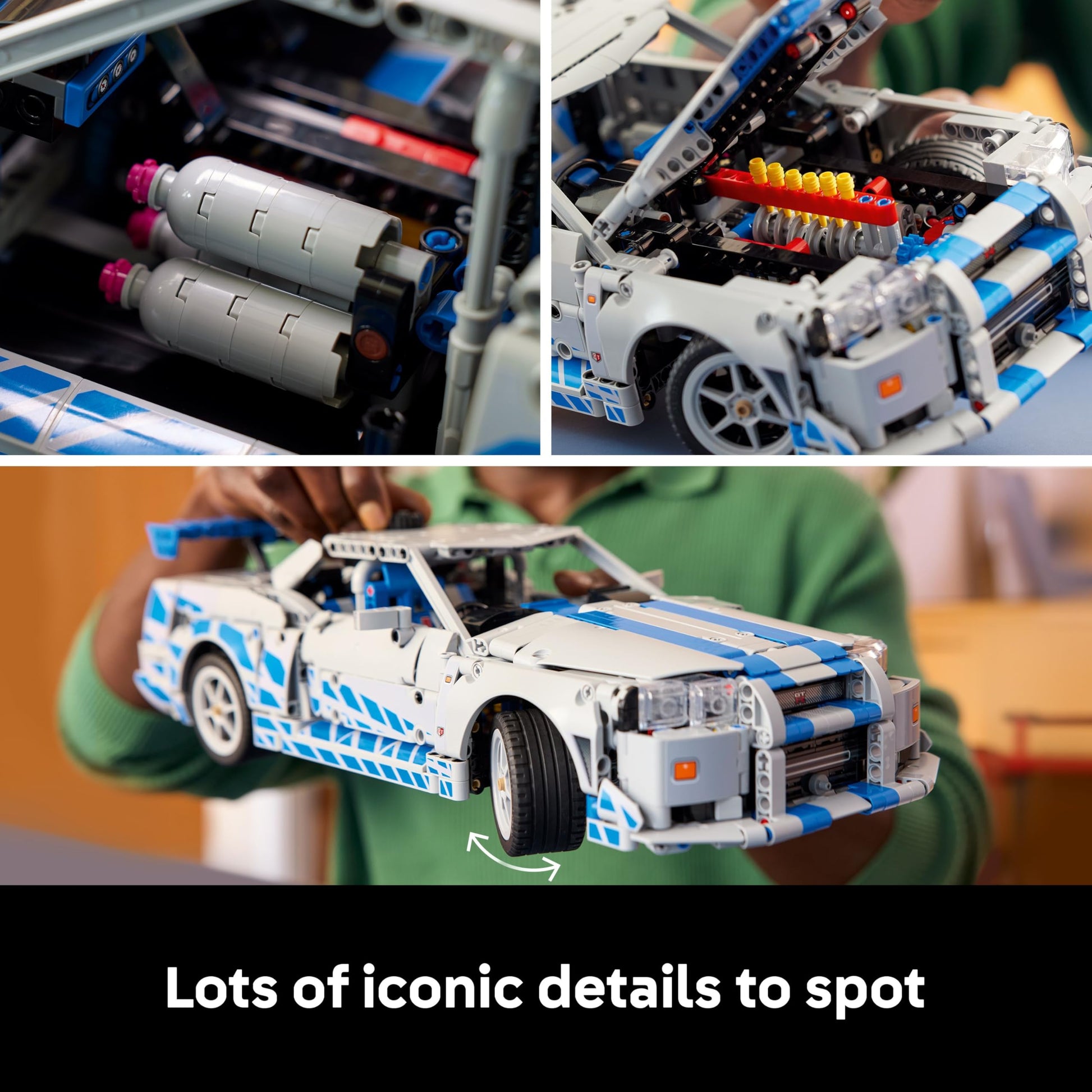 LEGO Technic Nissan Skyline GT-R (R34) car model kit featuring drift function, steering, suspension, and 6-cylinder engine.