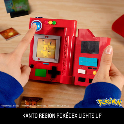 MEGA Pokémon Building Toys Set featuring Kanto Region Pokédex, 322 pieces, light, and 5 lenticular cards.