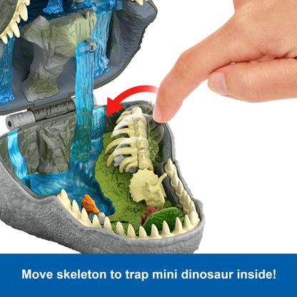 Mattel Jurassic World Rebirth Micro Adventure Playset, Tyrannosaurus Rex Head Opens to 4 Interactive Features, 3 Micro Figures, T. Rex Dinosaur Toy, JGB97