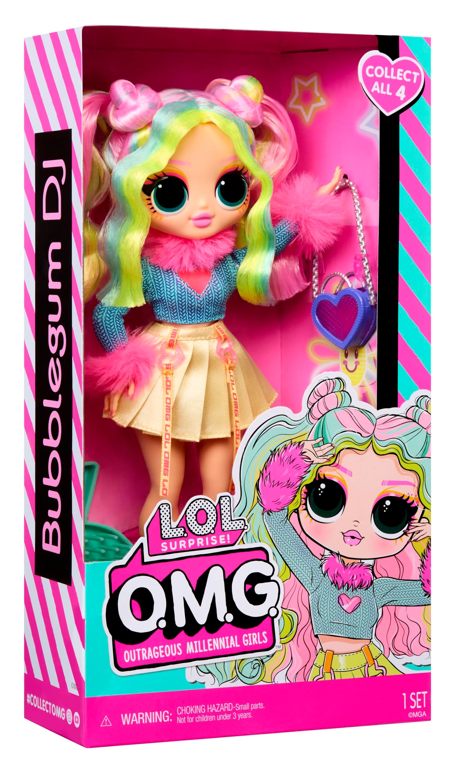 L.O.L. Surprise! OMG Doll Bubblegum D.J. in stylish outfit with accessories, showcasing vibrant colors and unique features.