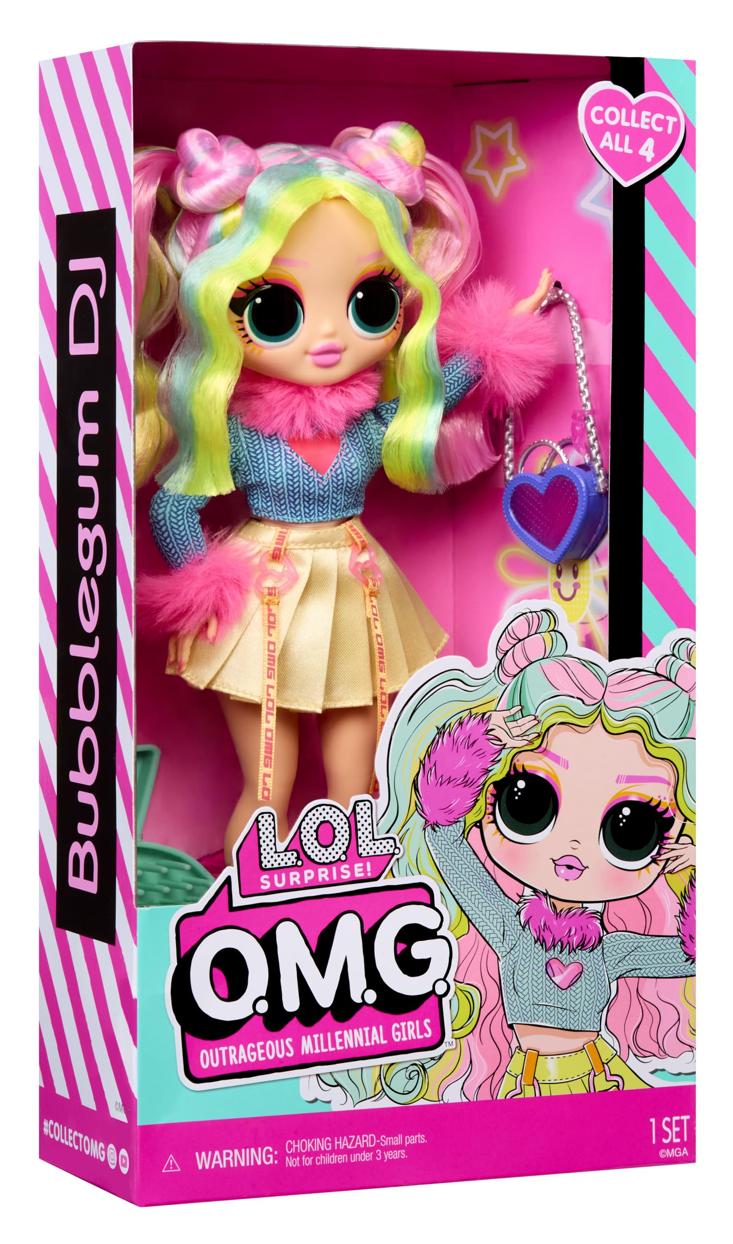 L.O.L. Surprise! OMG Doll Bubblegum D.J. in stylish outfit with accessories, showcasing vibrant colors and unique features.