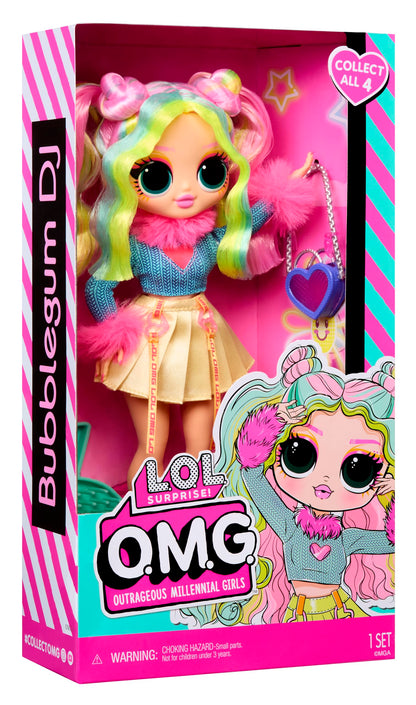 L.O.L. Surprise! OMG Doll Bubblegum D.J. in stylish outfit with accessories, showcasing vibrant colors and unique features.