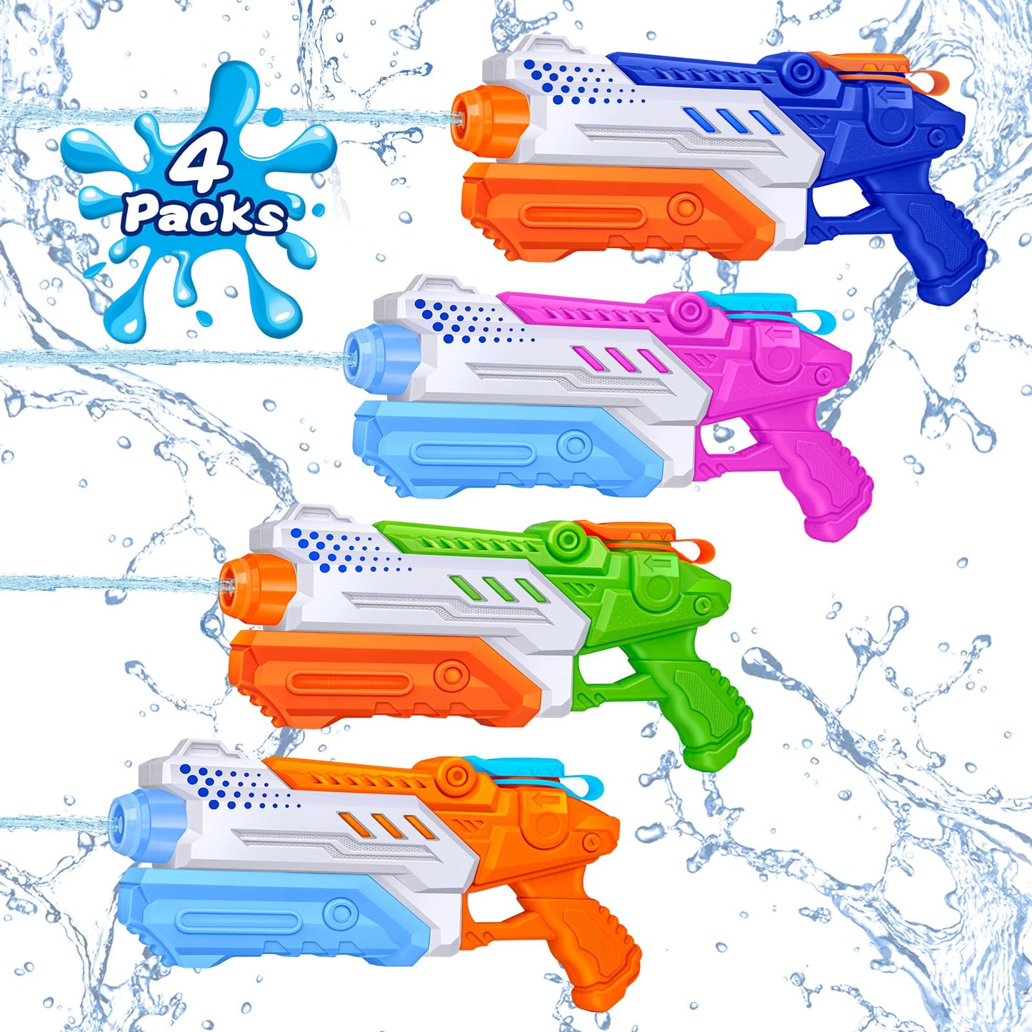 RONSTONE 4-pack water guns for kids and adults, featuring 300ml capacity and 25-30 ft range, ideal for pool and garden fun