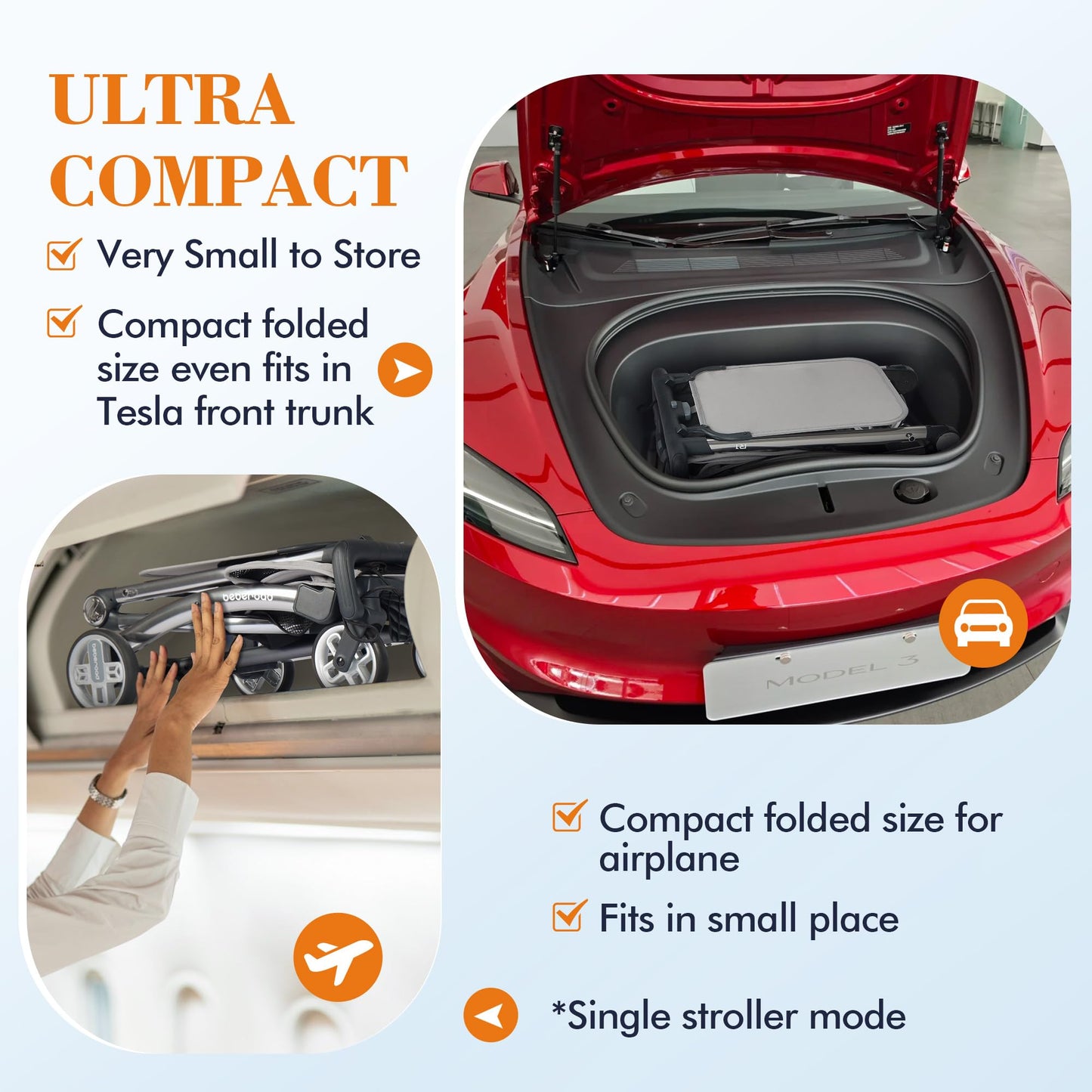 Beberoad R1 Auto-Fold Double Stroller Tandem Pushchair, Ultra Compact Double Pushchair Buggy Pram for Babies Over 6 Months, Side by Side Pram, Can Turn into Two Single Strollers, Only 23.5 lbs, Grey