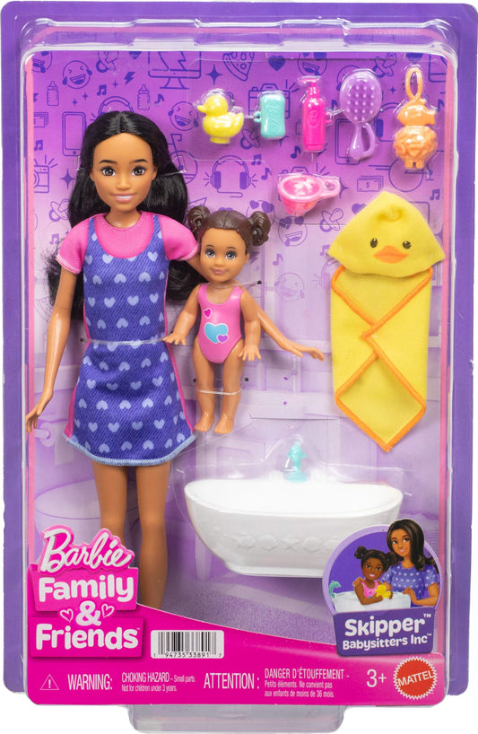 Barbie Skipper Babysitters Inc. Playset with Brunette Doll, Brunette Toddler Doll, Bathtub & 6 Accessories Including a Rubber Duckie, JJB43