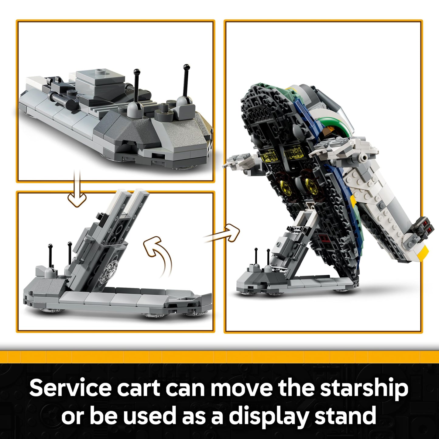 LEGO Star Wars 75433 Jango Fett's Starship with rotating wings and Boba Fett minifigure, perfect for display and play.