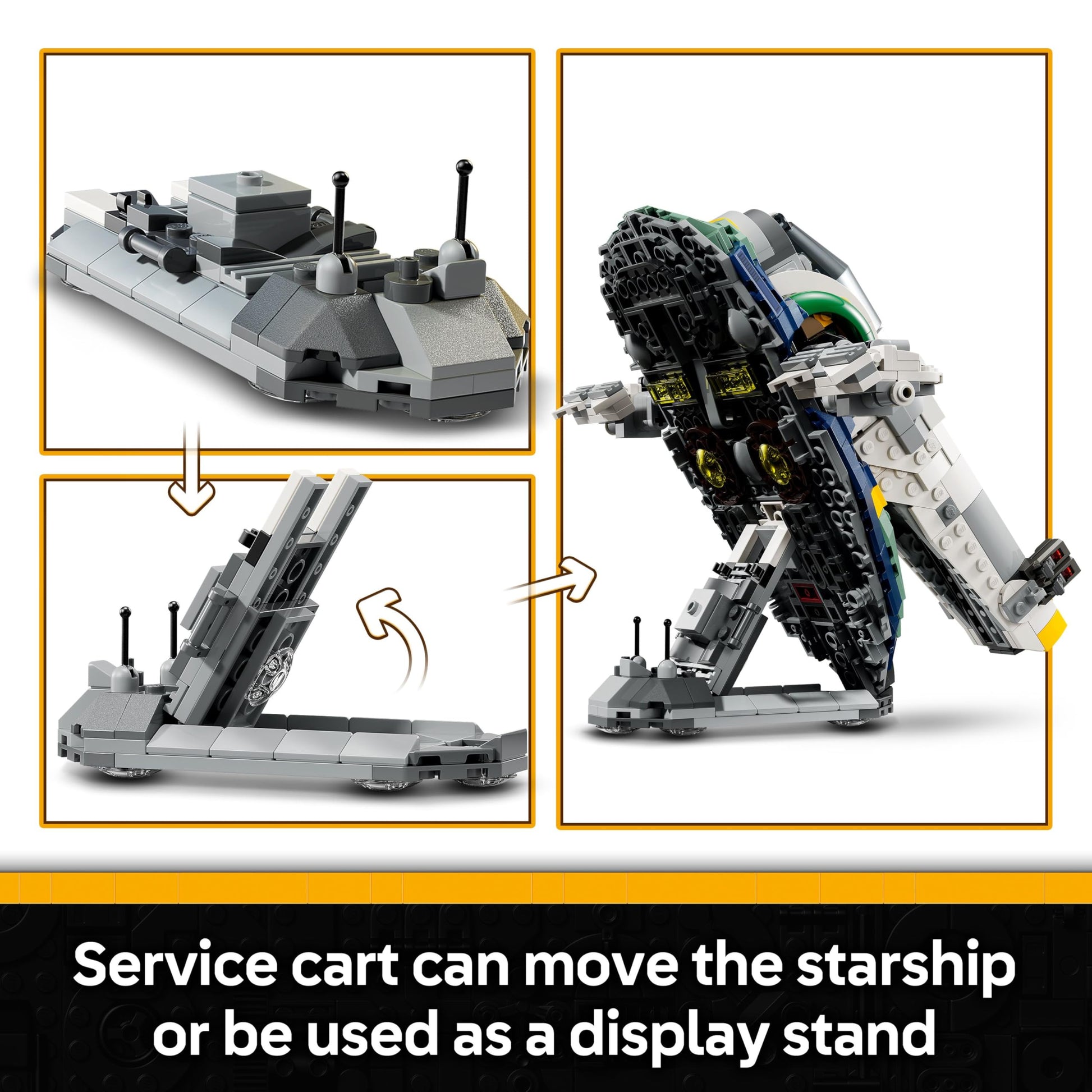 LEGO Star Wars 75433 Jango Fett's Starship with rotating wings and Boba Fett minifigure, perfect for display and play.