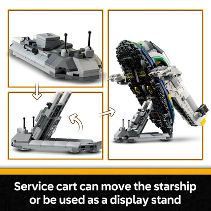 LEGO Star Wars 75433 Jango Fett's Starship with rotating wings and Boba Fett minifigure, perfect for display and play.