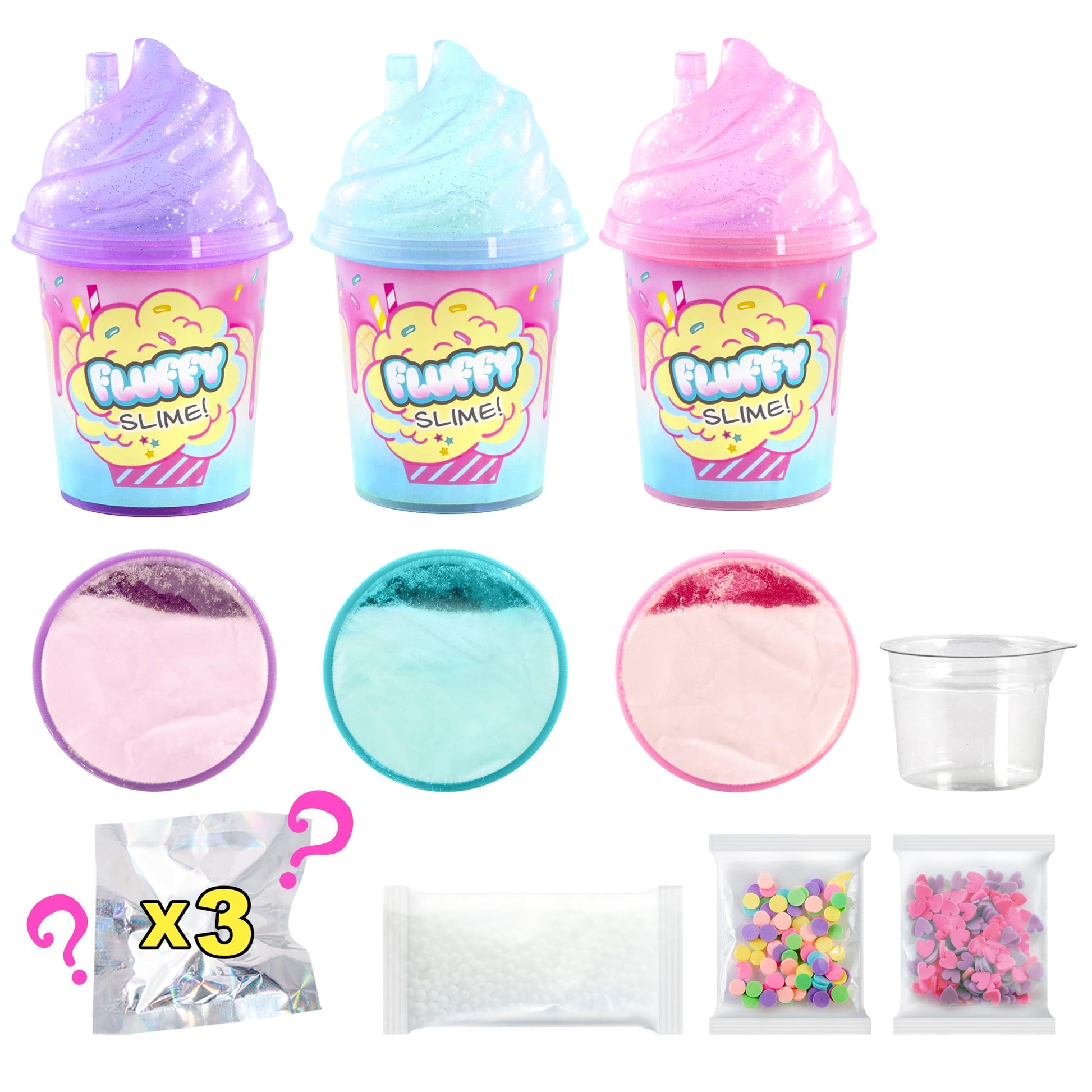 Set of three fluffy slime pots by Canal Toys with glitter, confetti, and mini surprise figurines for children 6 and up.