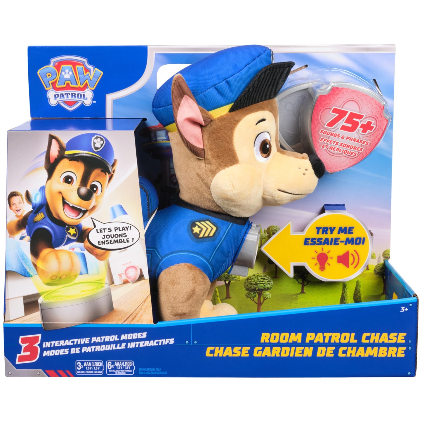 Paw Patrol Room Patrol Chase Interactive Plush Toy with Over 75 Sounds, Light-Up Badges, and 3 Play Modes, Kids Toys for Boys and Girls Ages 3 and Up