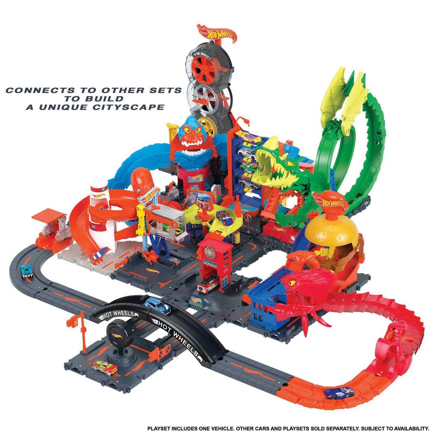 Hot Wheels City Track Pack with 10 pieces, featuring track base and car, designed for building a cityscape for kids.