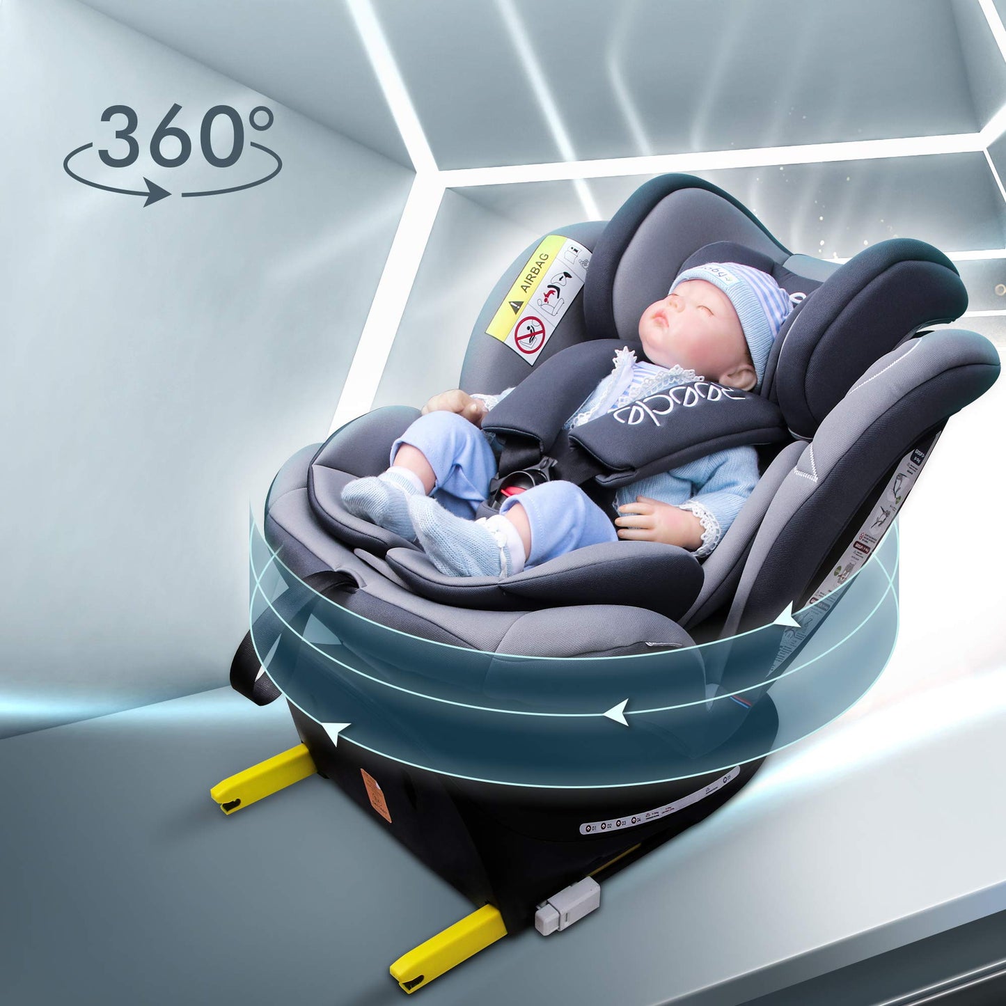 Reecle 360 Swivel Baby Car Seat with ISOFIX, Group 0+1/2/3 (0-36 kg), Approx. 0-12 Years (Grey)