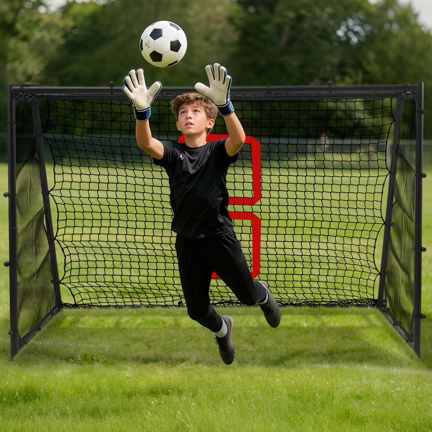 Heavy-duty steel football goals with deep nets for kids, weather-resistant and portable soccer goals by Amazing Tour.