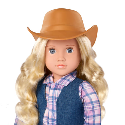 Our Generation Ashleigh Cowgirl Doll wearing a cowboy hat and tall riding boots, with lifelike gray eyes and western outfit.