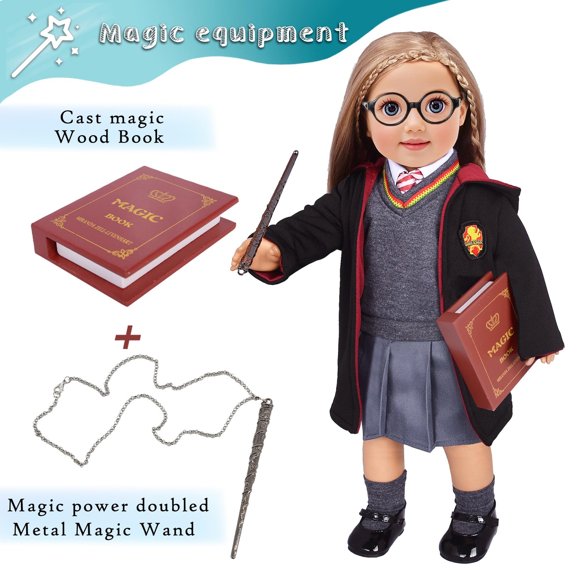 ebuddy Hermione Granger-inspired doll clothes set for American Girl dolls, featuring 10pc Hogwarts uniform and magic book.